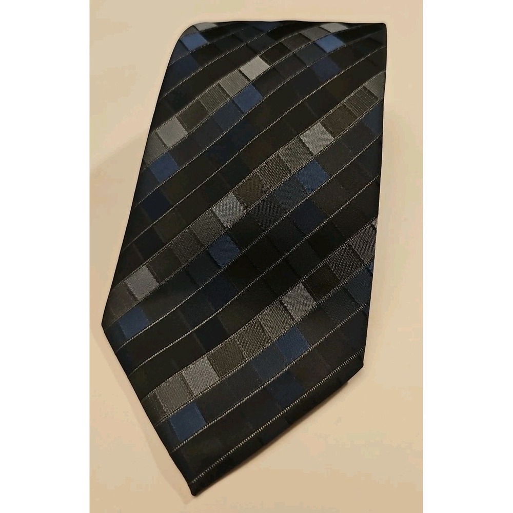 Men's BERGAMO NEW YORK Tie Necktie BLACK GEOMETRIC METALLIC BLUE BLACK 3.75"×54"